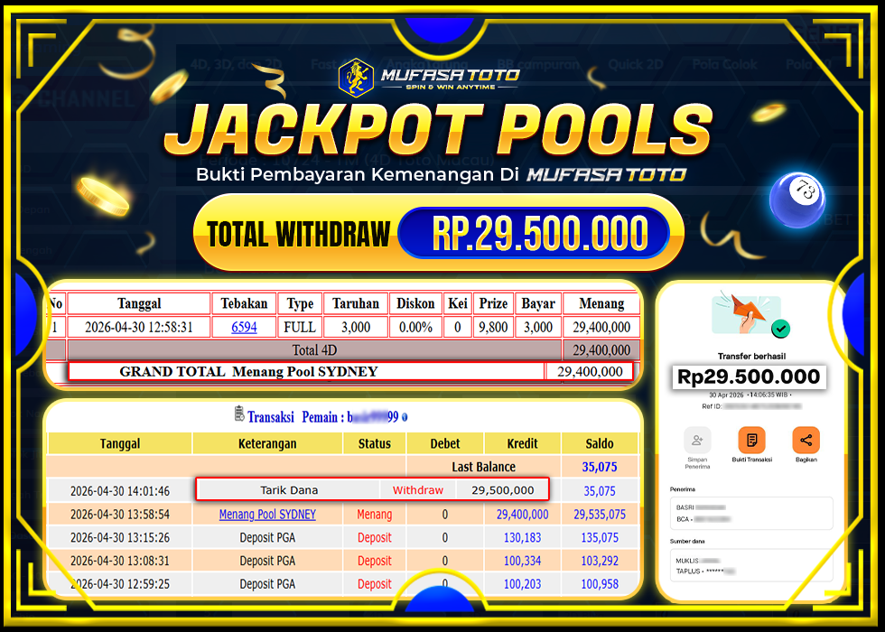 MUFASATOTO JACKPOT POOL SIDNEY Rp.29.500.000 |LUNAS